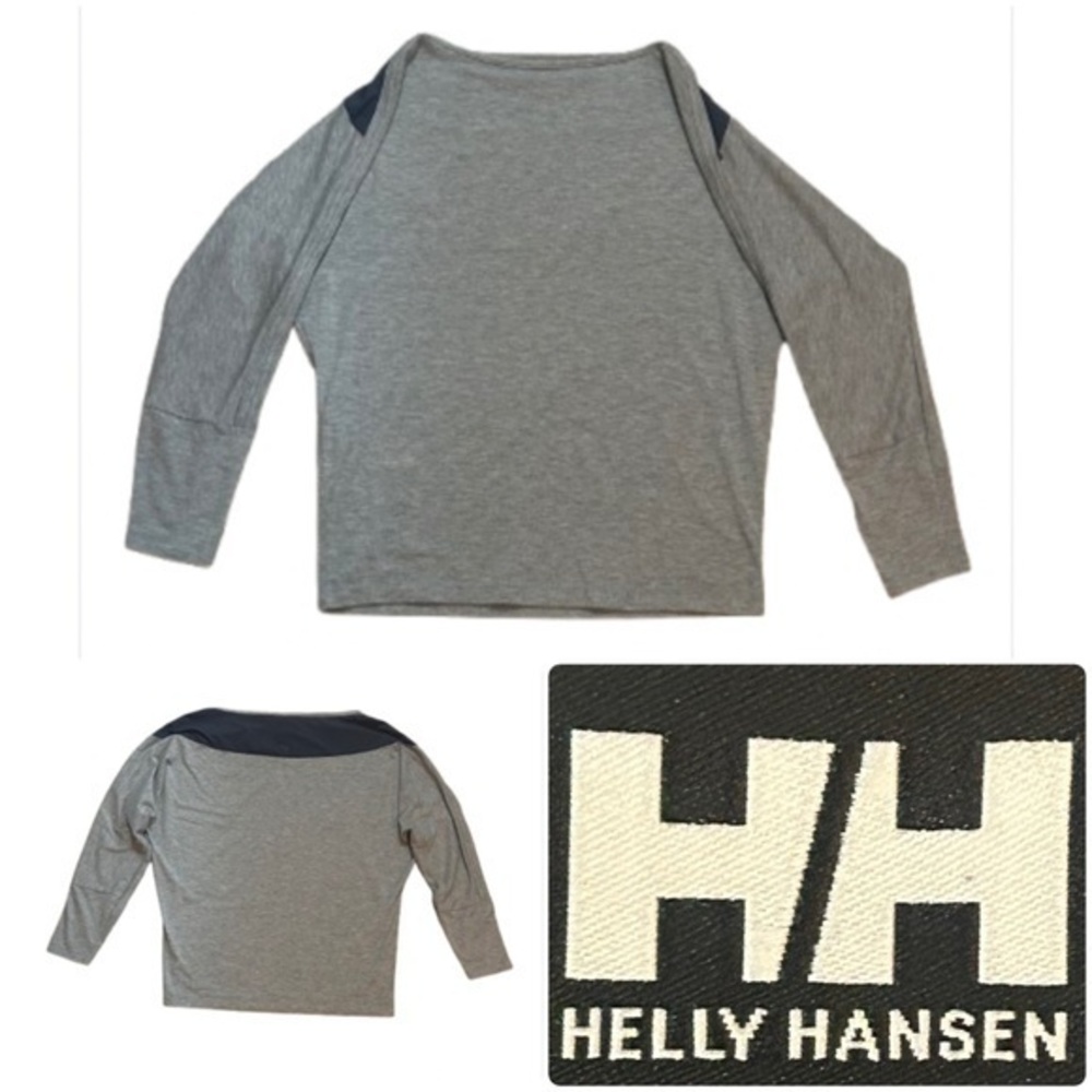 Helly Hansen Gray and Navy Blue 3/4 Sleeve Loose Fit Boat Neck Style Top